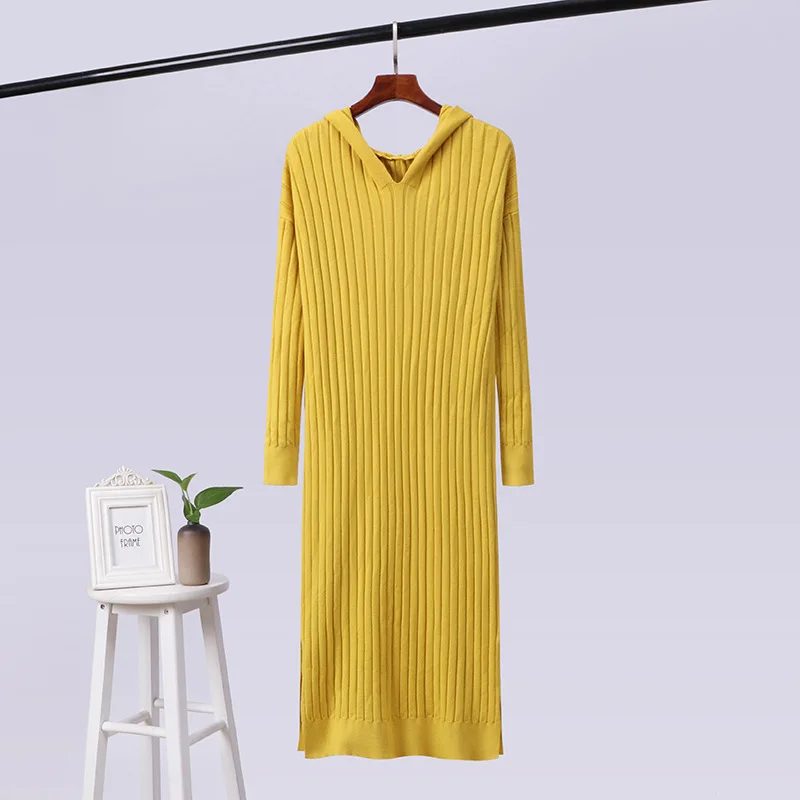 

New Warm Long Sleeve Women Sweater Hooded Dress Autumn Winter Woman Slim Dress Fashion Solid Warm Autumn Knitting Cotton Ladies