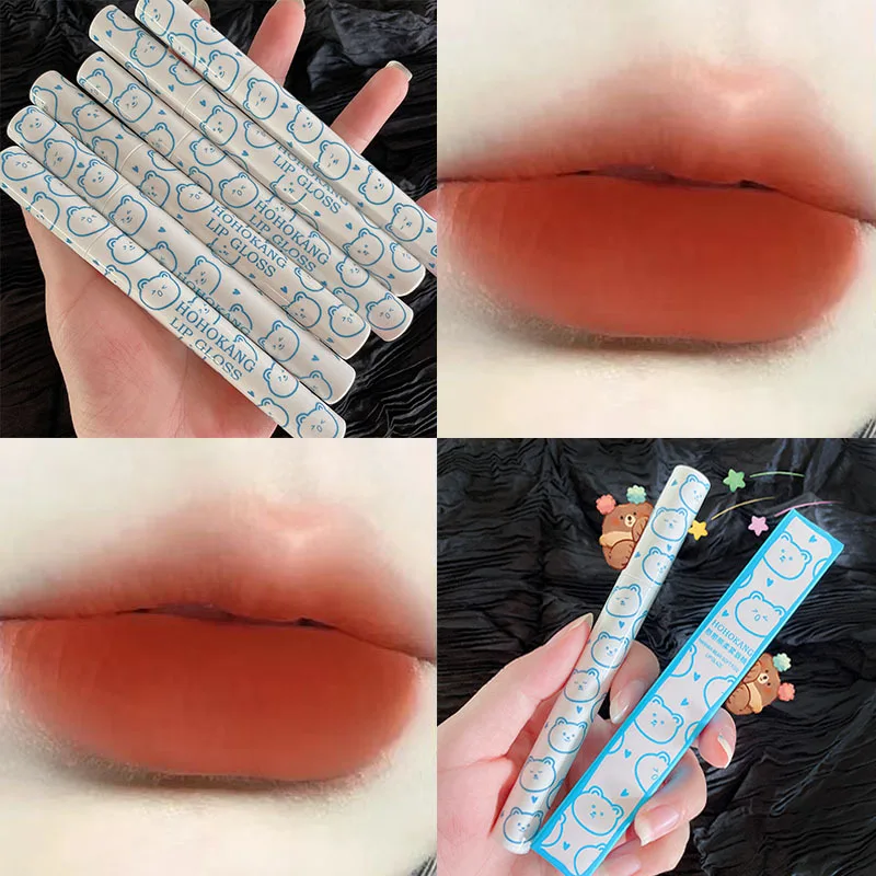 Жидкая помада с милым медведем глянцевая матовая бархатная губная не