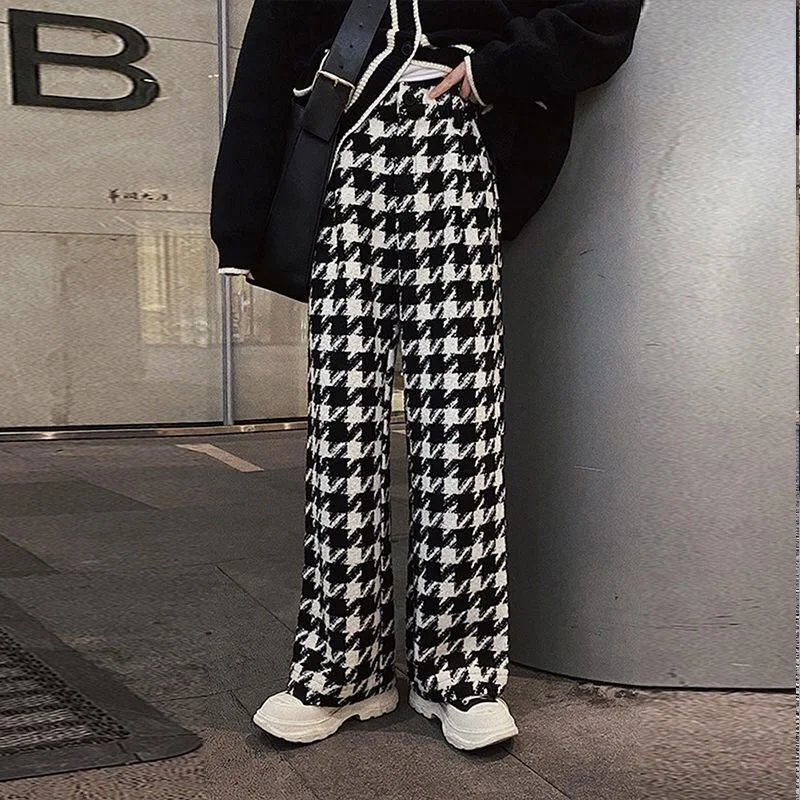 

2021 Summer Spring Women High Waist Wide Leg Trousers Vintage Plaid Print Pants Casual Korean Elastic drawstring sweatpants