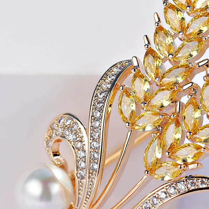 

Women's Luxury Brooch Yellow Zirconia Wheat Ears Brooches Pins For Suit Bling Pearl Costume Jewelry Wholesale