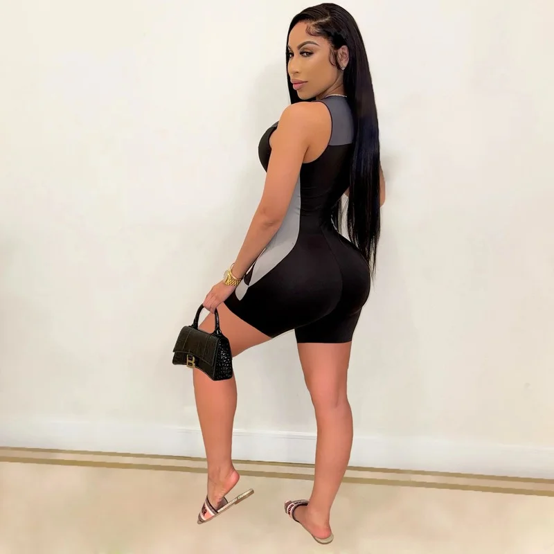 

2021 New Fashion Slim Patchwork Color Sleeveless Jumpsuits Women Summer Casual Zipper Female Rompers Sports Fitness Bodysuit