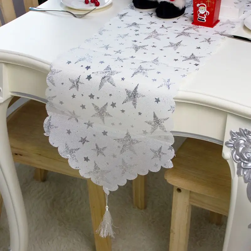 

Christmas Table Top White Gilt Table Flag Christmas Tree Pentagram Printed Tablecloth Machine Washable Home Decoration M