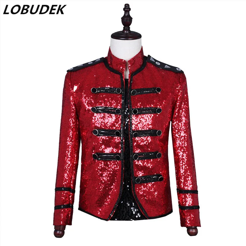 Костюм мужской для концерта блестящая куртка с красными блестками и кристаллами
