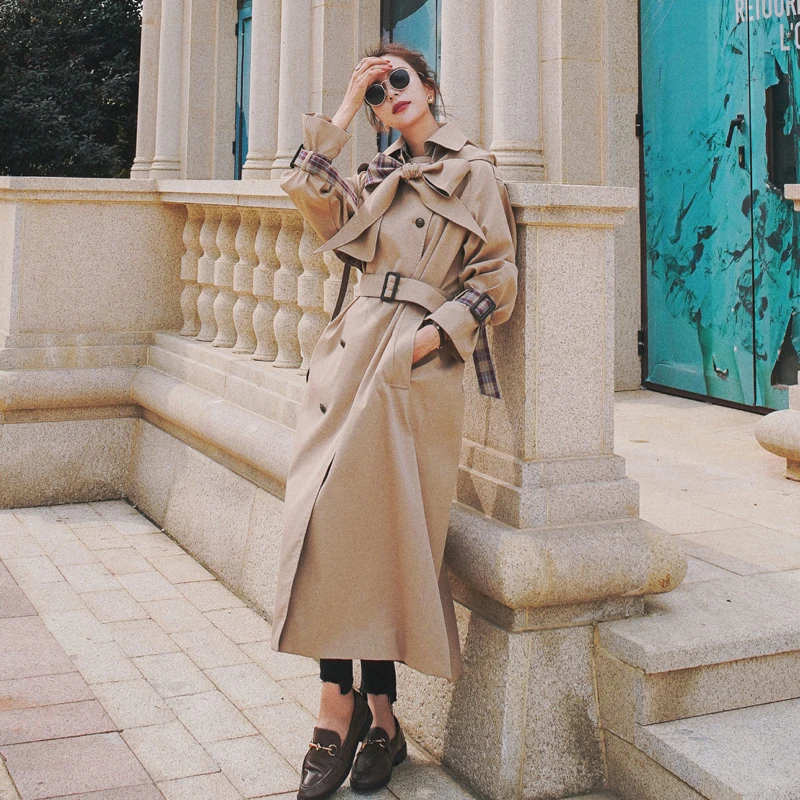 Женский клетчатый Тренч цвет хаки ветровка двубортный съемный с капюшоном