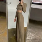 FSDA 2021, одежда для отдыха, укороченный топ с длинным рукавом и свободные брюки, Женский повседневный комплект из двух предметов, Blakc, сексуальные наряды