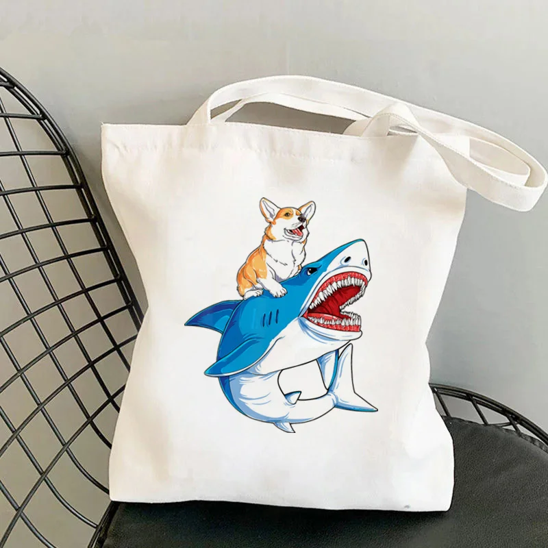 

Shopper Corgi Shark Printed Kawaii Bag Harajuku women Shopping Bag Canvas Shopper Bag girl handbag Tote Bag Shoulder Lady Bag