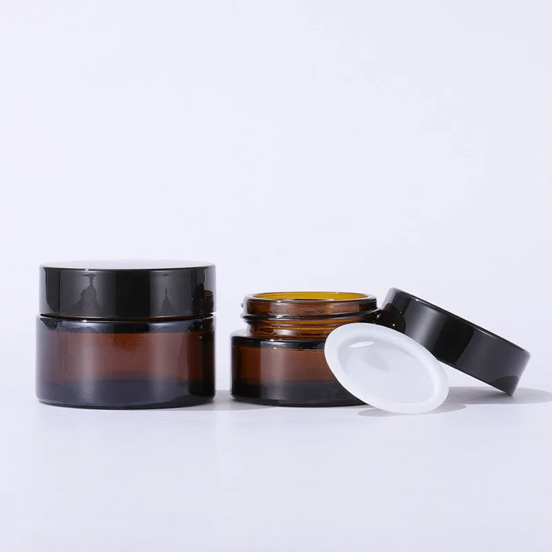 

5g 10g 20g 30g 50g 100g Amber Face Cream Container Empty Round Shape Glass Cosmetic Jars With Black Cap