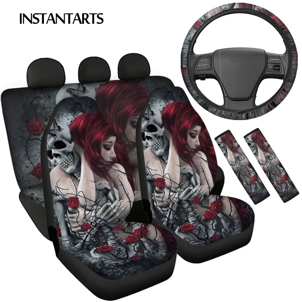 

INSTANTARTS Sugar Skull Couple Pattern Front and Rear Seat Belt Sets Covers Washable Steering Wheel Cover Soft Safety Belt Cover