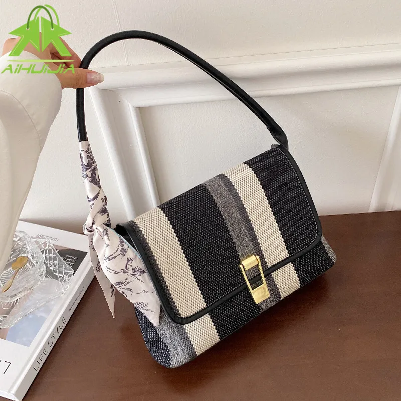 

High Quality Canvas Stripes Handbag for Woman Fashion Ribbon Shoulder Bags 2021 Luxury Designer Female Simplicity Underarm Bag