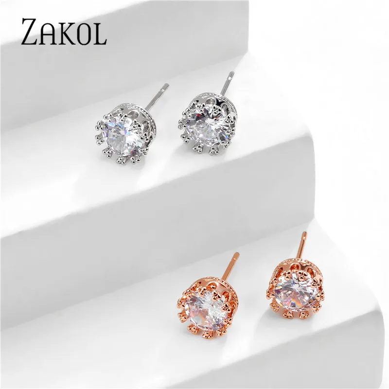 ZAKOL модные классические блестящие круглые серьги-гвоздики с фианитом ожерелье