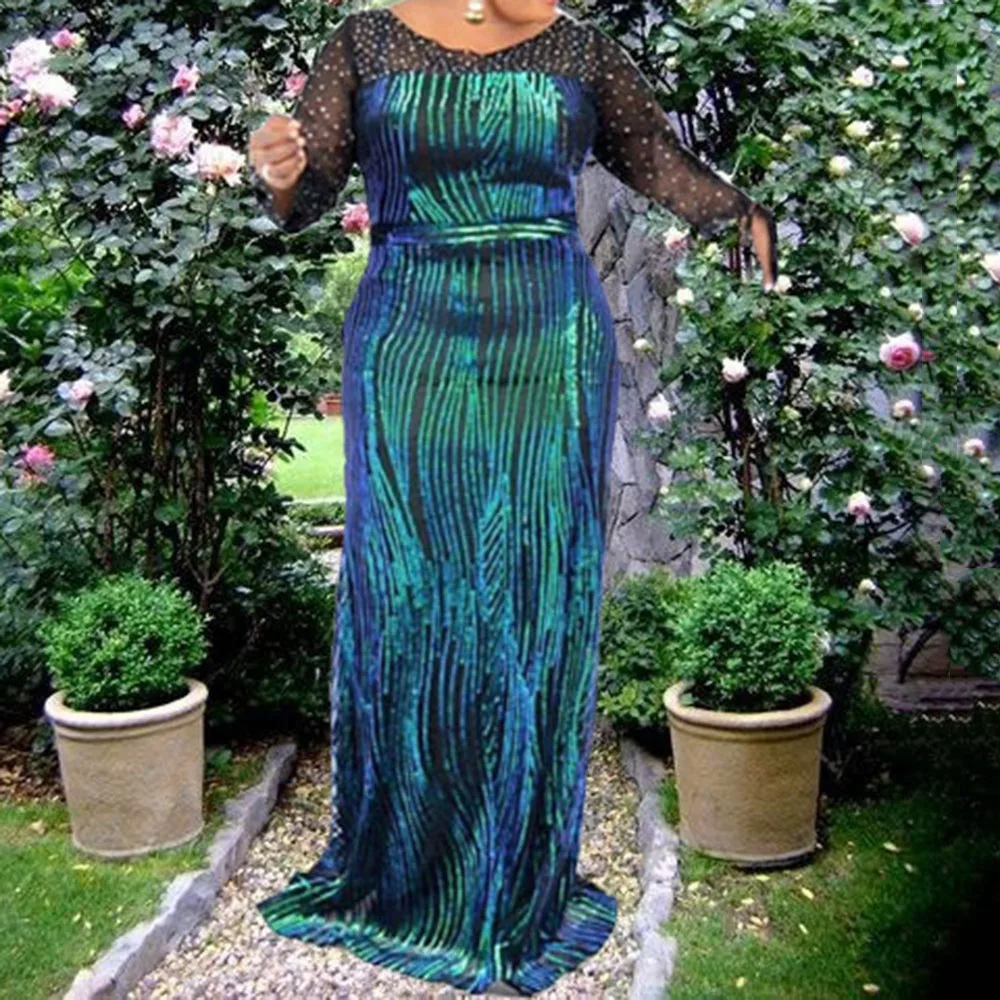 Длинное Зеленое Вечернее женское платье в африканском стиле В пэчворк Русалочка