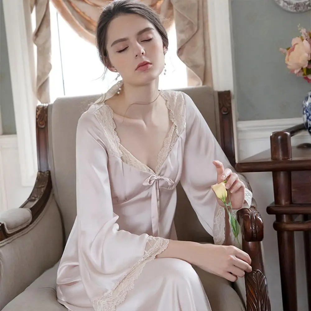 IreneTinnie Elegant Palace Nightdress Spring Autumn Long-Sleeved Satin Silk Sexy V-neck Retro Long Home Service Nightdress