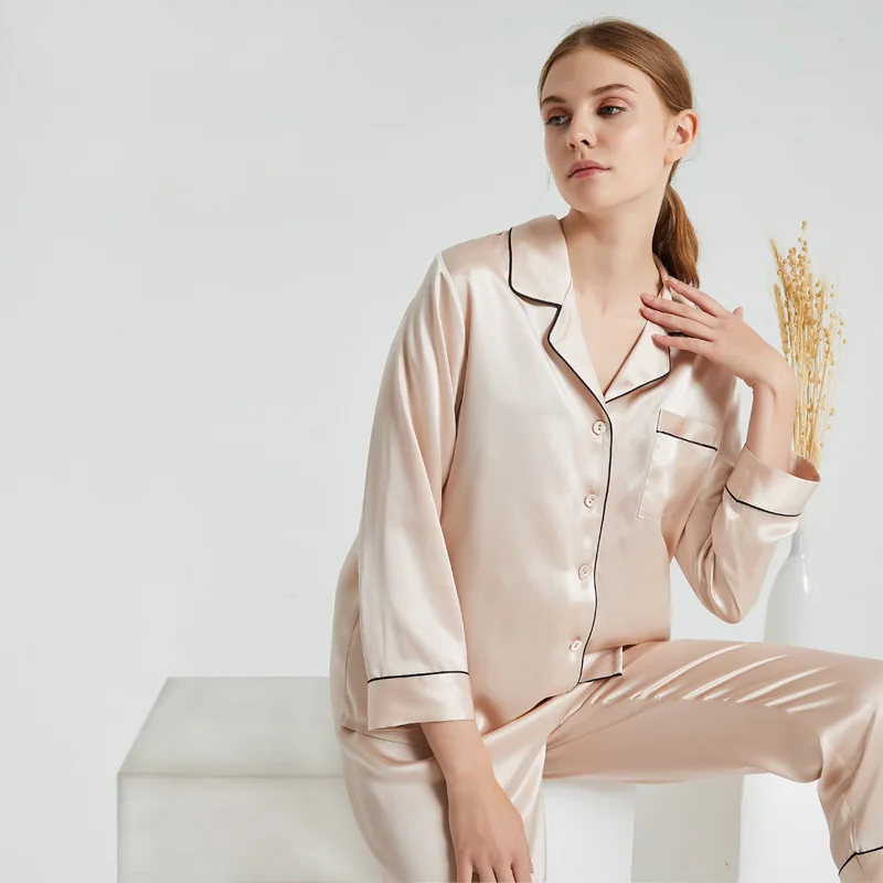 Pink Pajamas Young Lady Sexy 2PCS Sleep Suit 100% Silk Intimate Lingerie Spring New Sleepwear Loose Silky Kimono Bath Gown