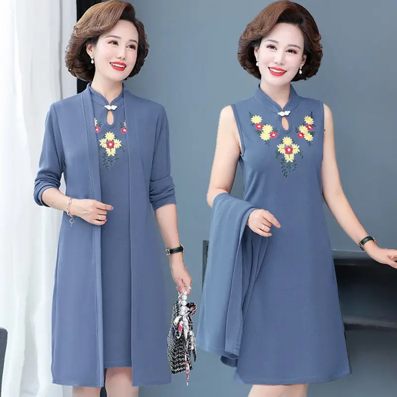 Фото Платье Cheongsam, костюм из двух предметов, весна-осень, элитное элегантное платье, женский комплект с вышивкой среднего возраста, 5XL 2341 №2