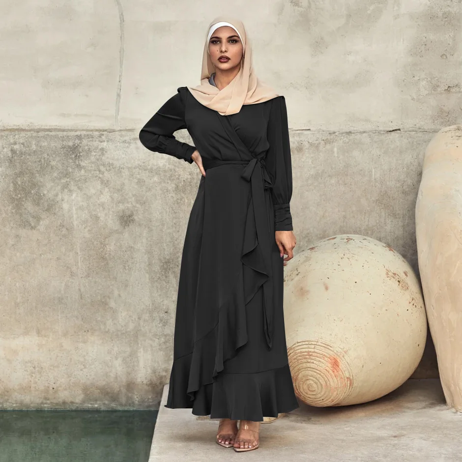 Женское атласное платье-хиджаб, абайя, с поясом спереди, для мусульманского стиля, для лета, с асимметричным подолом с оборками