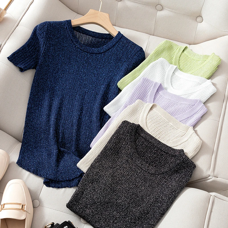 

Футболка женская трикотажная с люрексом, блестящий топ, черный белый топ с коротким рукавом, лето 2020