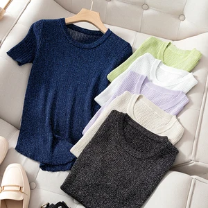 Футболка женская трикотажная с люрексом, блестящий топ, черный белый топ с коротким рукавом, лето 2020