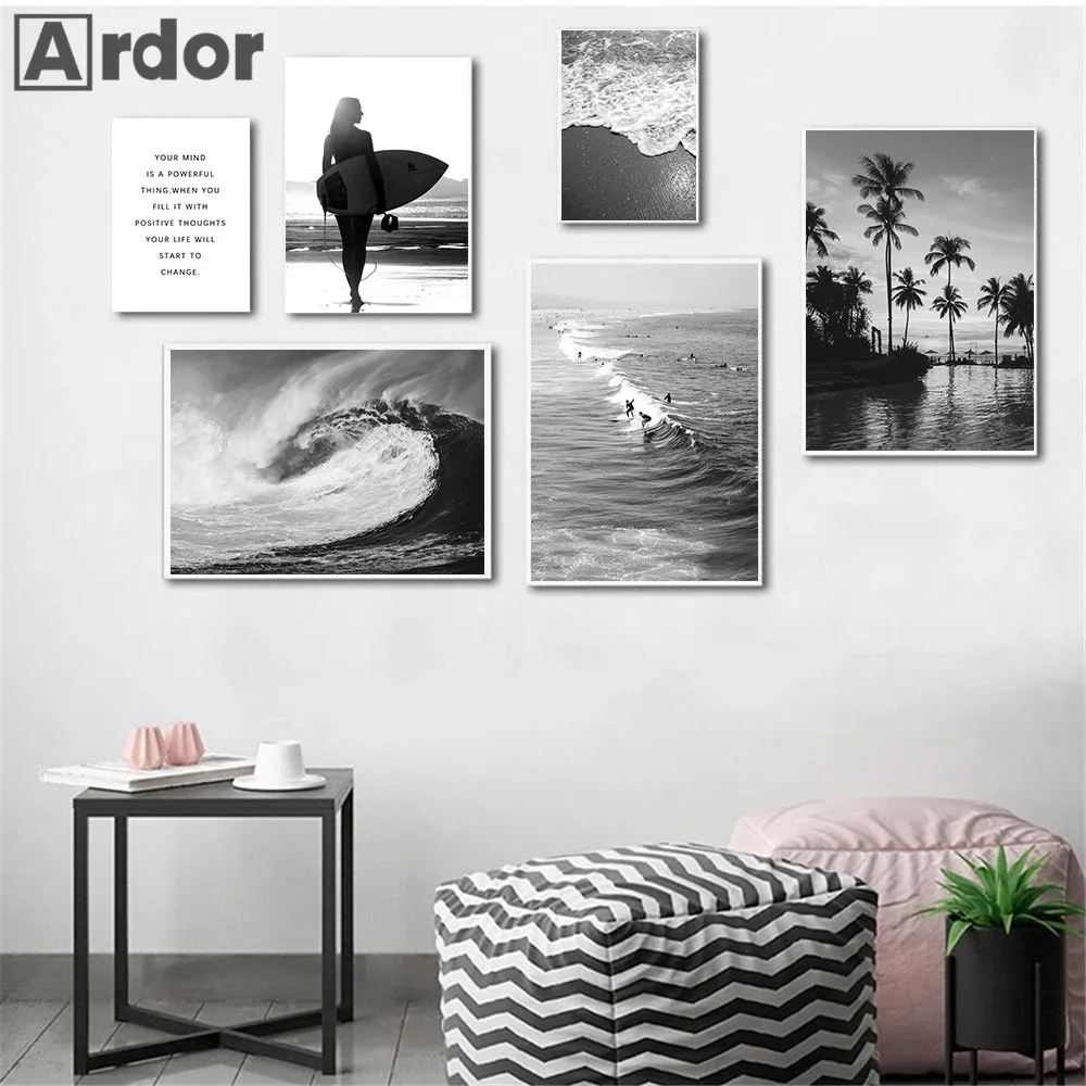 Черно-белый океан холст плакат морская волна природный пейзаж Настенная картина