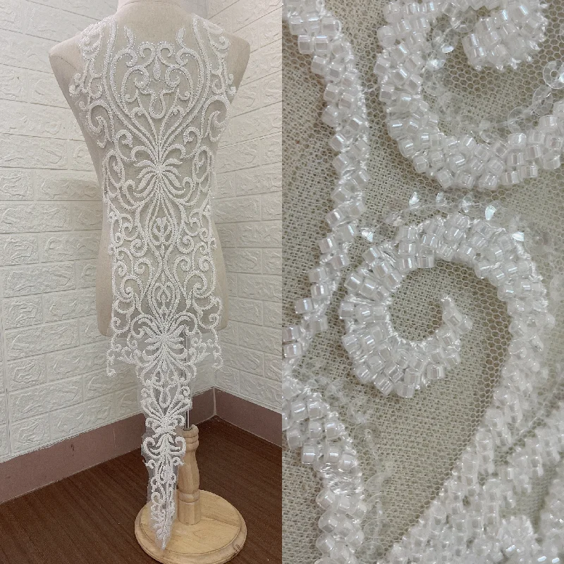 Luxury White Heavy Beads Big Embroidery Patch Wedding Dress Applique Lace Fabric DIY Bridal Gown Fabric