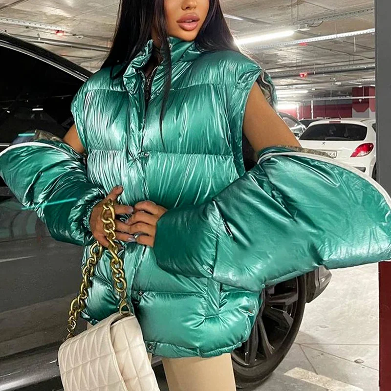 2021 New Bright Face Detachable Sleeves Hooded Stand-up Collar Down Bread Padded Jacket Women Winter Color Loose Padded Jacket