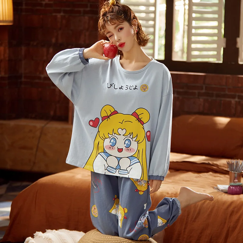 

Seeslim Pure Cotton Sleepwear Women Sailor Moon Pajamas Two Piece Set Spring Homewear Girls Kawaii Anime Home Suit Set Cartoon