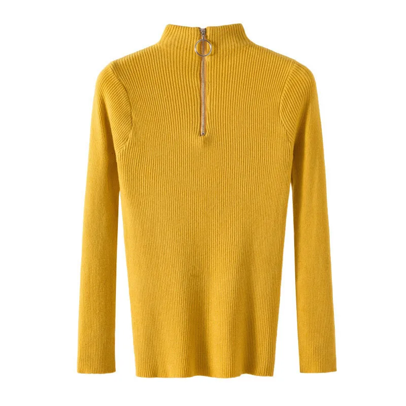 

Women Pullover Zipper Sweater Casual Turtleneck Solid Fall Winter Office Ladies Chic Long Sleeve Slim Knitted Jumpers Ribbed Top