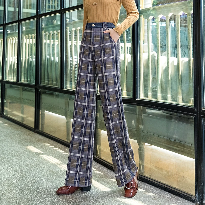Клетчатые широкие брюки с высокой талией 2019 осенние и зимние Новые прямые