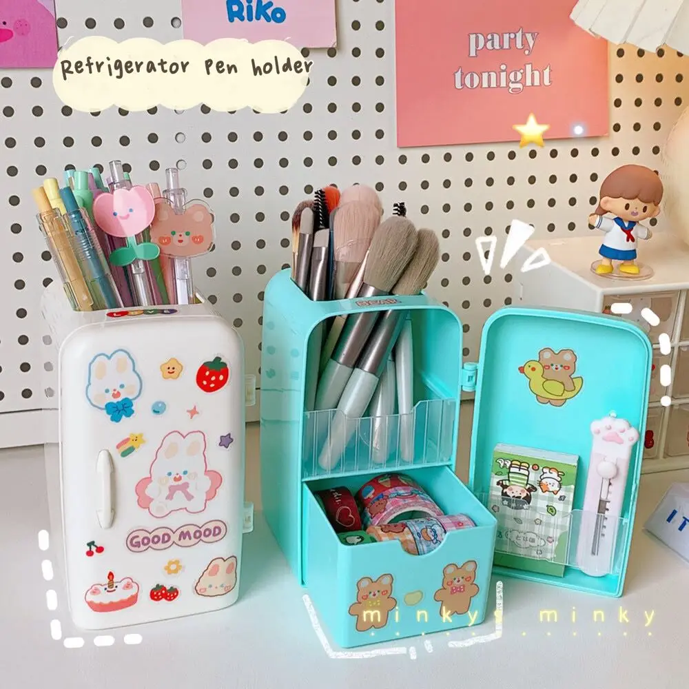 MINKYS Kawaii Refrigerator Pen Holder With 1PC DIY Sticker Desktop Makeups Pencil Pens Storage Box Creative School Stationery | Канцтовары