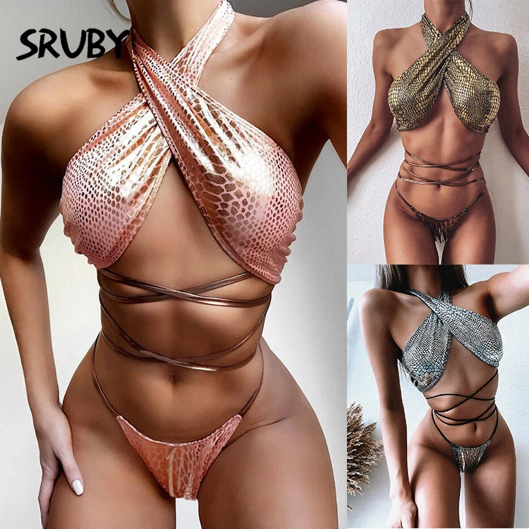

DGIRL new arrival summer brazilian bikini set women cross halter bandage snake bathing beach wear 2 piece bathing suit female