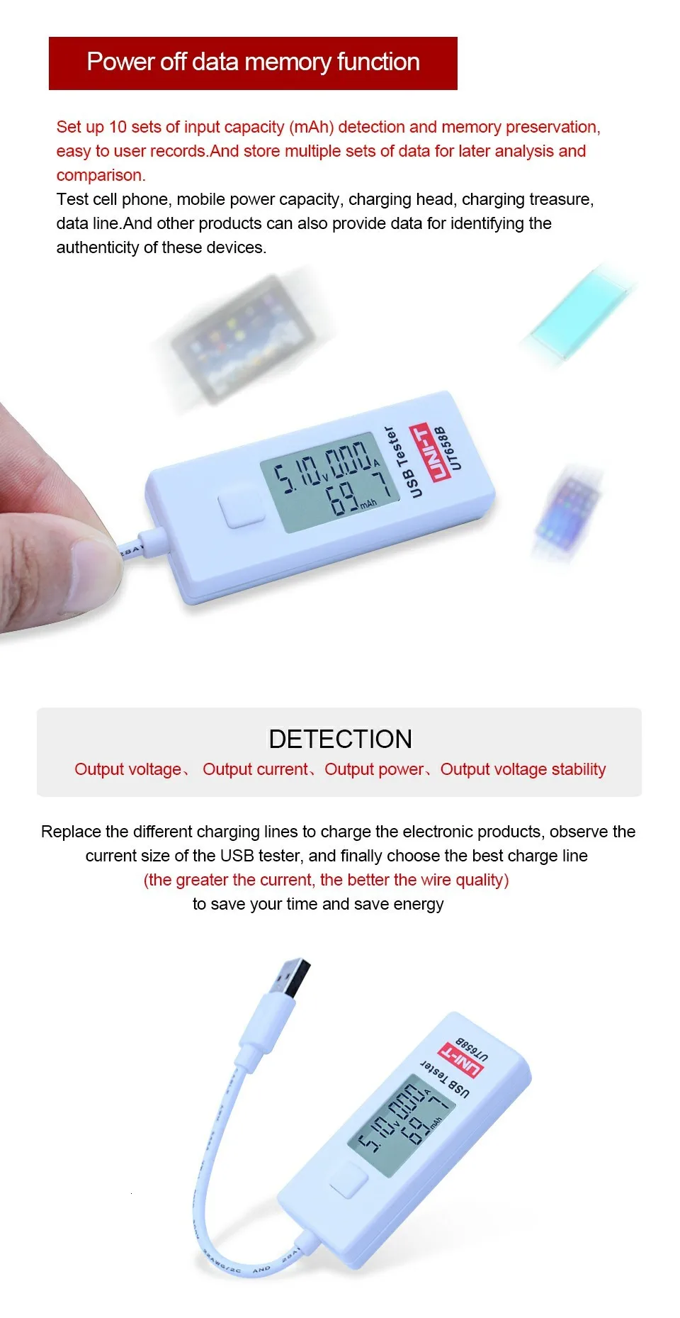 UNI-T UT658 UT658B USB Тестер Вольтметр Амперметр цифровой ЖК-монитор напряжения измеритель тока измеритель емкости 9 в 3 А с подсветкой