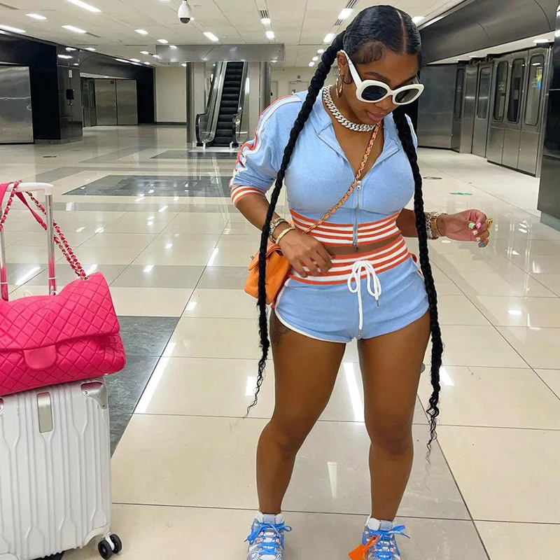 

Summer 2 Pcs Tracksuit Women Sports Outfits Adults Clothes Sets Striped Half Sleeve Zipper Crop Tops Drawstring Shorts Set New