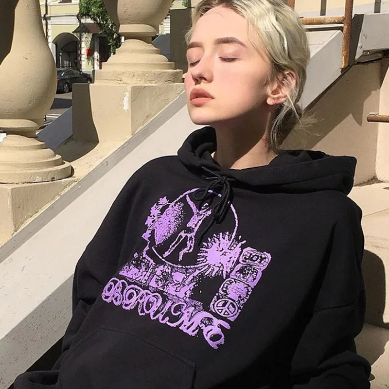 

Harajuku Hoodies Autumn Women 2021 Punk Hip Hop Print Pullovers Gothic Oversize Coat Long Sleeve Hooded Sweatshirt Streetwear