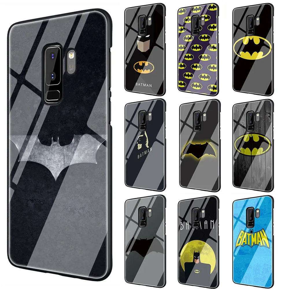 Marvel Бэтмен логотип закаленное Стекло TPU черный чехол для Galaxy S7 Edge S8 S9 S10 Plus, Note 8, 9, 10, A10 20 30 40 50 60 70