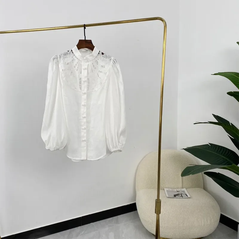 

High Quality White Embroidery Flower Hollow Out Single Breasted Long Sleeve Ladies Blouses Summer Fashion Women Tops