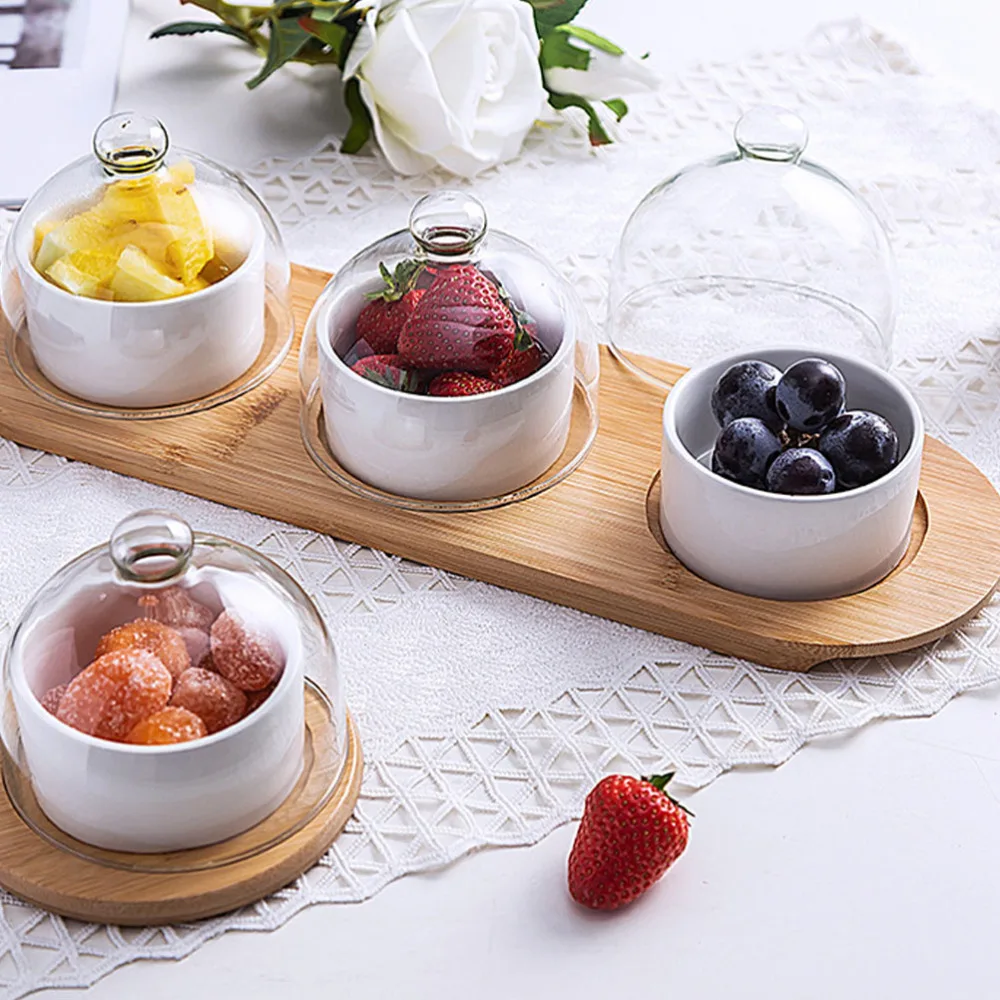 

1Set of Salad Bowl Ceramic Dessert Container with Glass Lid Wooden Tray (White)