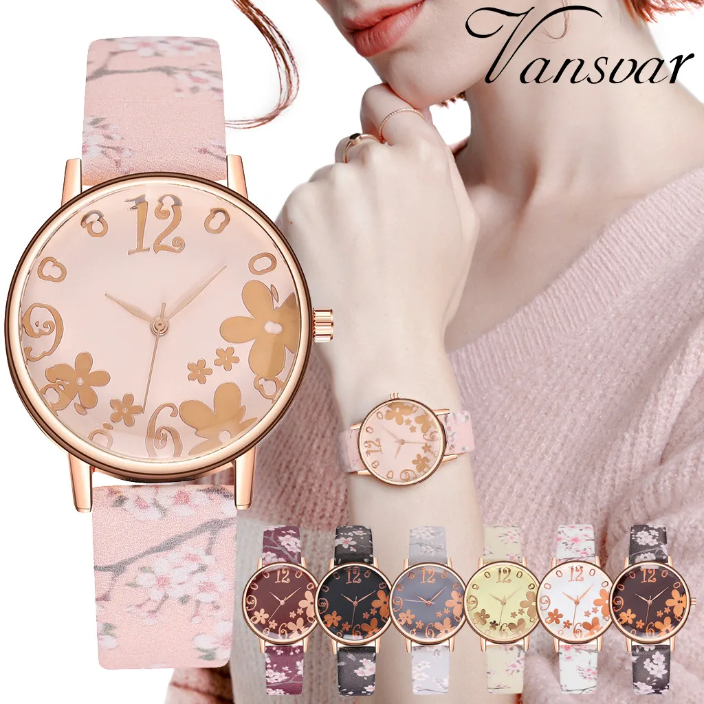Vansvar Personality Classic Designer Watches Women Quartz Wristwatch Flowers Leather Band Ladies Watch Dress Gift Reloj Mujer | Наручные