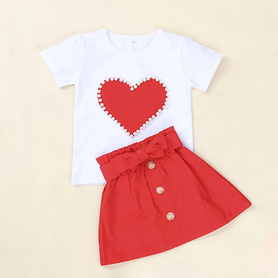 

Fashion Girls Summer Clothes 1-5Years Toddler Kids Baby Girl mini Heart Printed T-shirts+ Bow Skirts Outfits 2Pcs Set
