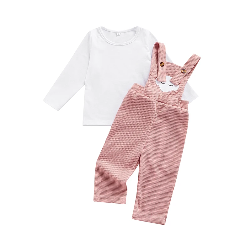 

Baby Girl Casual Clothes Set, Solid Color Long Sleeve T-shirt + Cartoon Clouds Printed Suspender Pant Overall Outfits