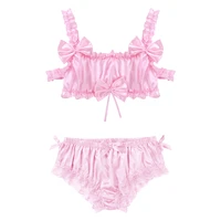 men sissy pink sexy lingerie sets satin frilly elastic shoulder straps wire free bra tops with floral lace hem bowknot briefs