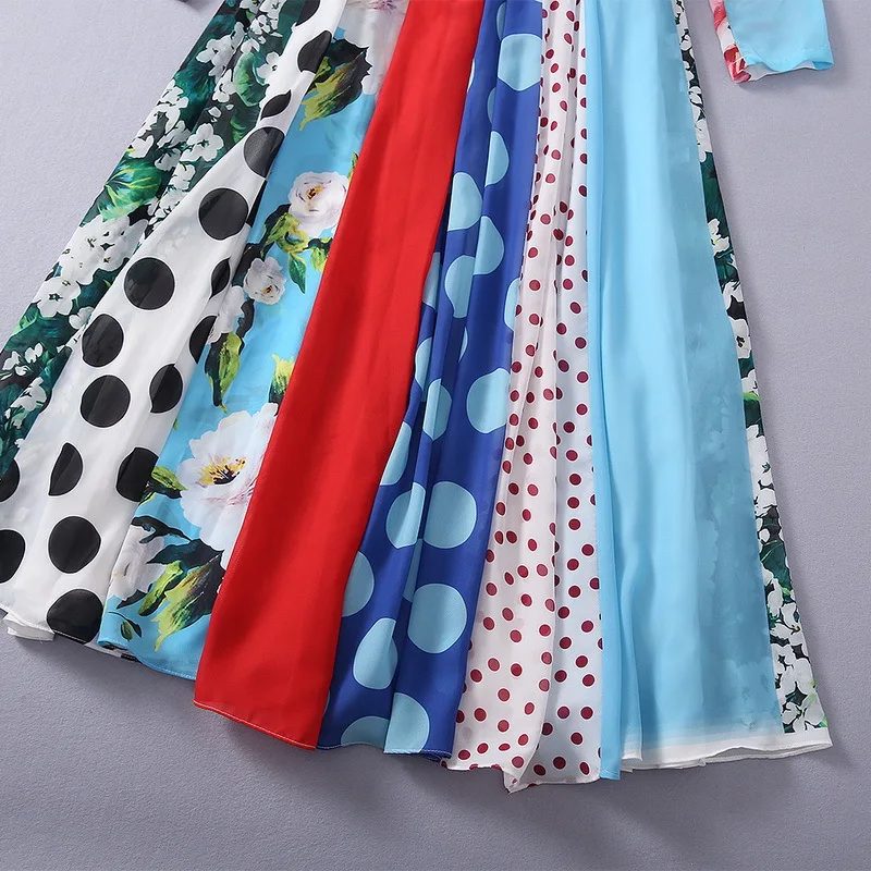 

European and American women's clothing 2021 The new spring Long-sleeved round collar Polka dot floral prints Pleated dress