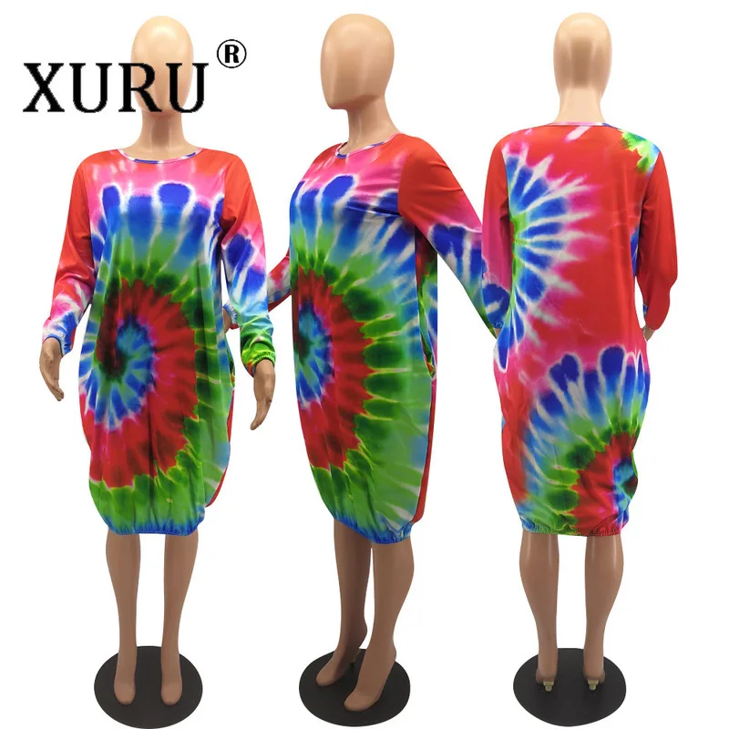 

XURU Autumn New Hot Women's Large Size Dress European and American Sexy Print Dress
