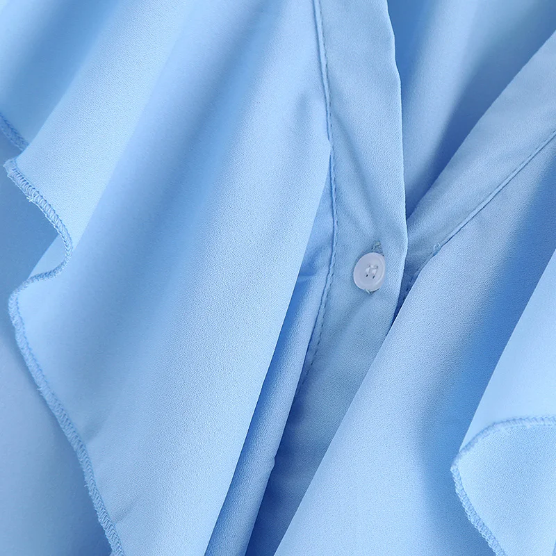 Женская шифоновая блузка с оборками V образным вырезом и длинным рукавом|Рубашки|