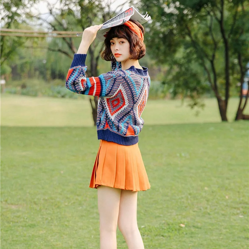 

Korejepo Women Sweater 2021 Autumn and Winter New Korean Chic Contrast Color Diamond Short Pullover Long Sleeve Female Sweater