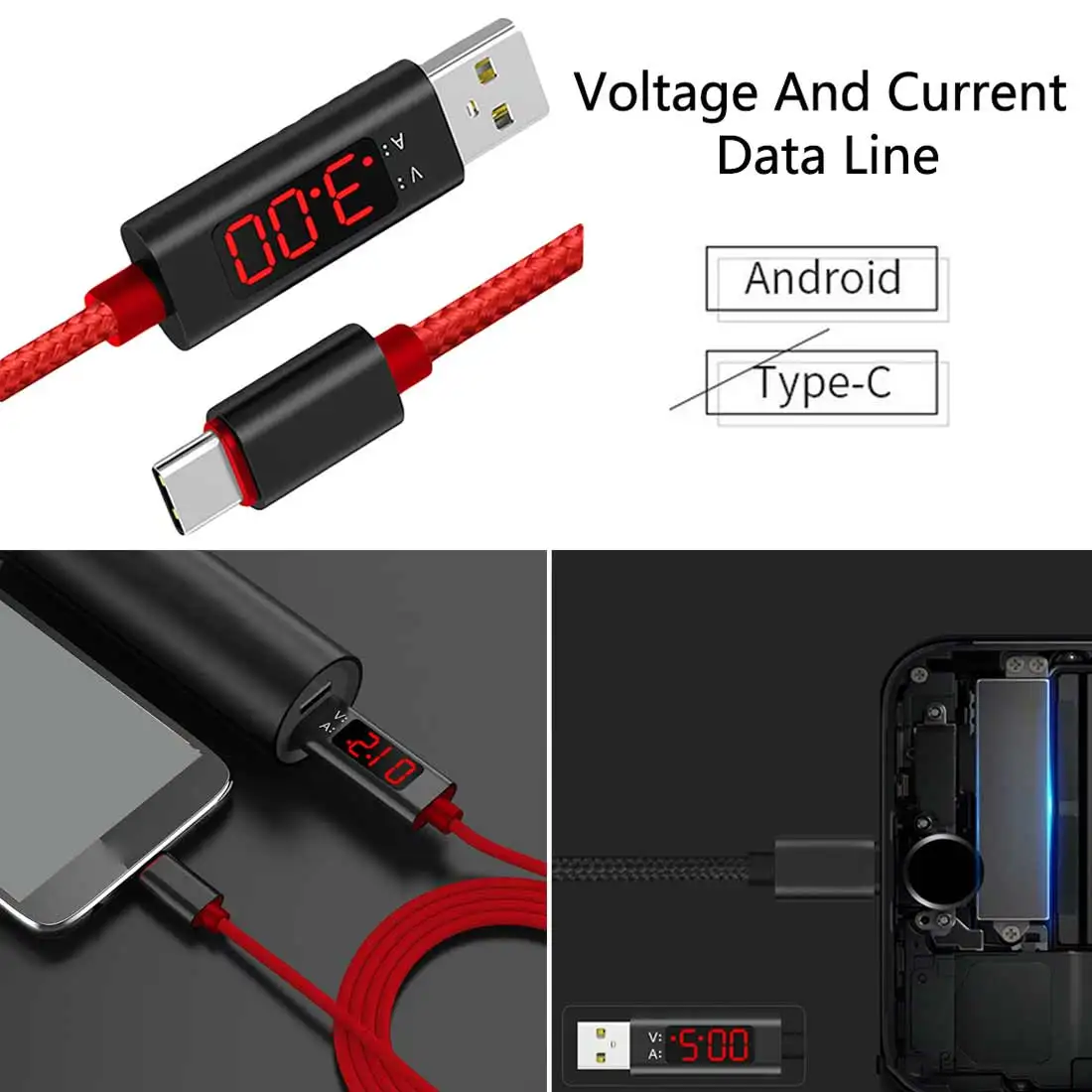 1 м USB Type C напряжение переменного тока метр тестер дисплей нейлоновый плетеный
