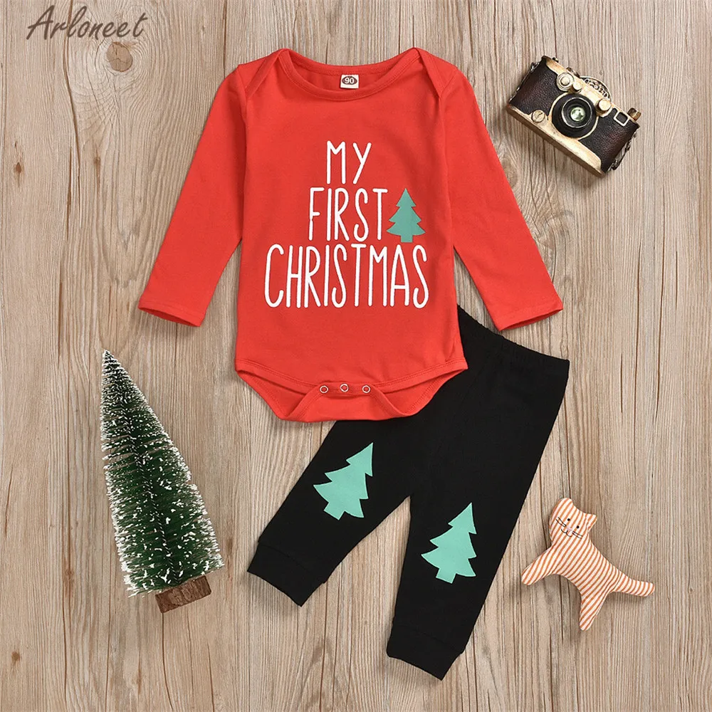ARLONEET Baby Clothes Girls Boys Christmas Romper Bodysuit+Pants 2PC Girl Cotton Red Tops Black Pants cute Outfits Set | Детская одежда