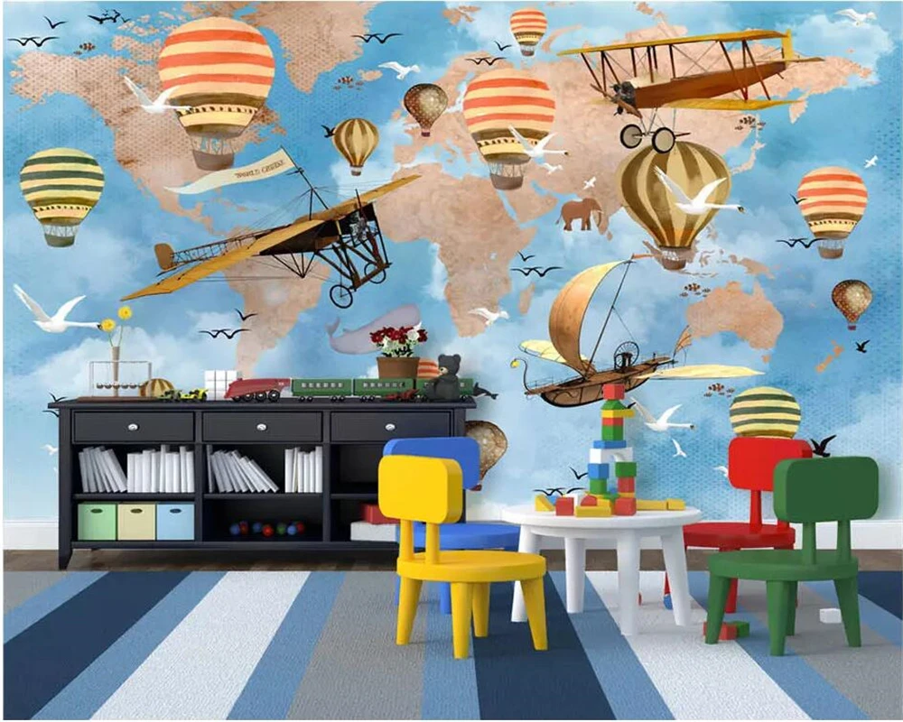 

Drop Shipping Custom Wallpaper Hand-painted High-definition Travel Around The World Spacecraft Balloon Children's Room Wallpaper