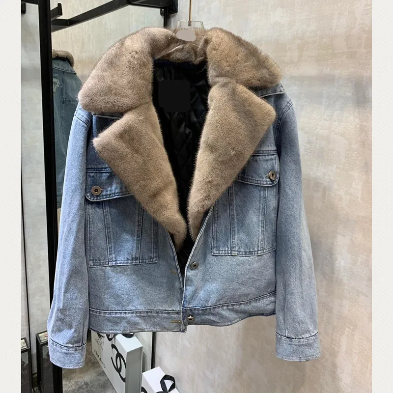 

Women Mink Fur Coat 2020 Winter Fashion Real Mink Fur Jackets Female Denim Coats Warm H816