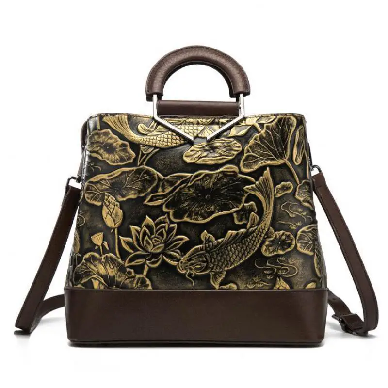 

Genuine Leather Vintage Embossed Handmade Women Handbags 2021 New Large Capacity Cowhide Shoulder&crossbody Bags