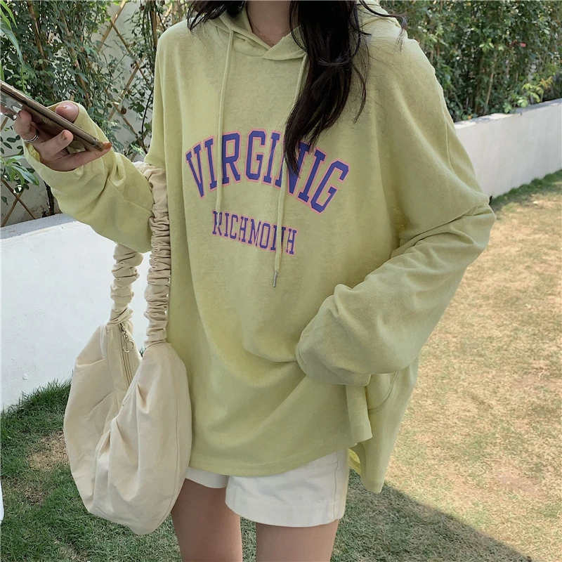 

Spring 2021new Korean Style Letter Print Pullover Hooded Sunscreen T-shirt Women's Loose Long Sleeve Thin Top