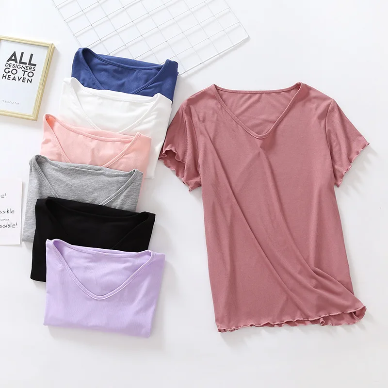

Summer Short Sleeves T Shirts Women Tops Female T-shirt Modal V-Neck Ruffles Thin T-shirts Lady Solid Daily Clothes Undershirt